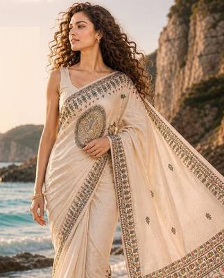 Cream linen printed linen saree 2