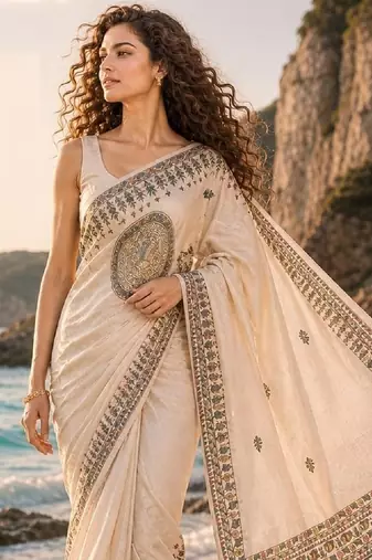 Cream linen printed linen saree
