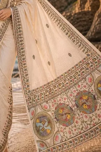 Cream linen printed linen saree