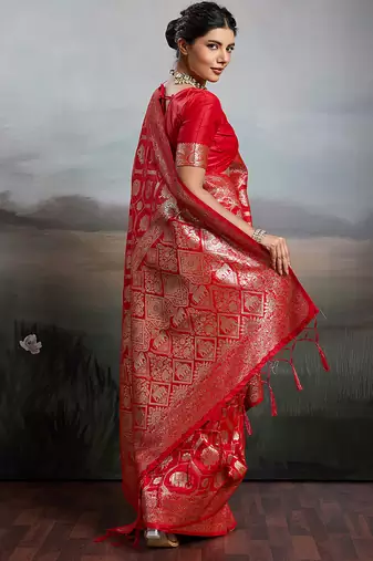 Red colour silk blend saree with silver zari weaving border