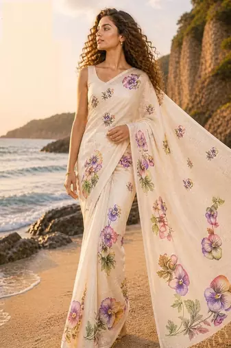 Cream purple linen printed linen saree