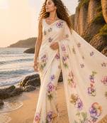 Cream purple linen printed linen saree