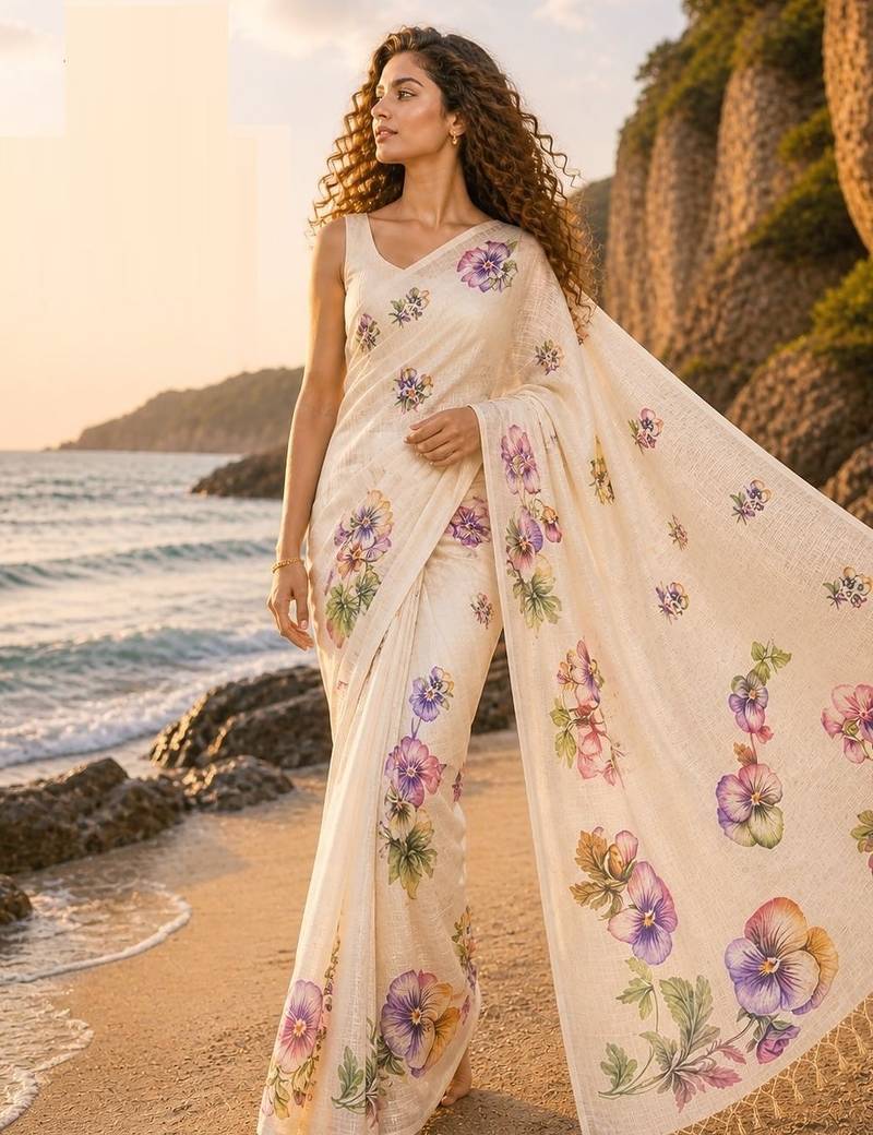 Cream purple linen printed linen saree