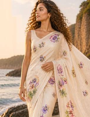 Cream purple linen printed linen saree 2