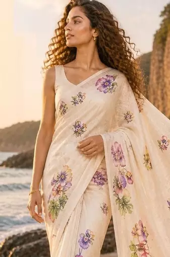 Cream purple linen printed linen saree