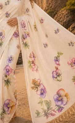 Cream purple linen printed linen saree 3
