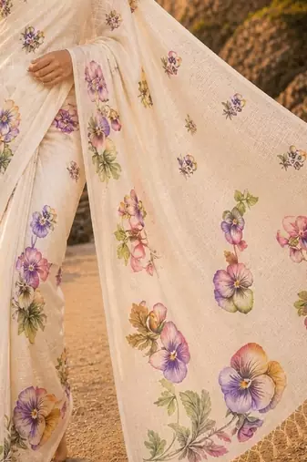 Cream purple linen printed linen saree