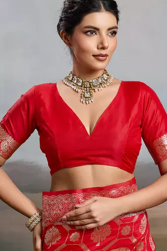 Red colour silk blend saree with silver zari weaving border