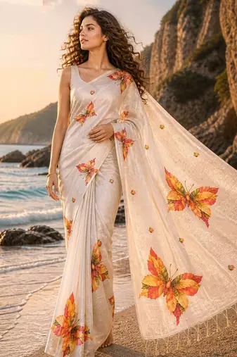 Cream linen printed linen saree