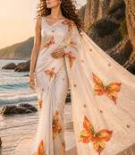 Cream linen printed linen saree