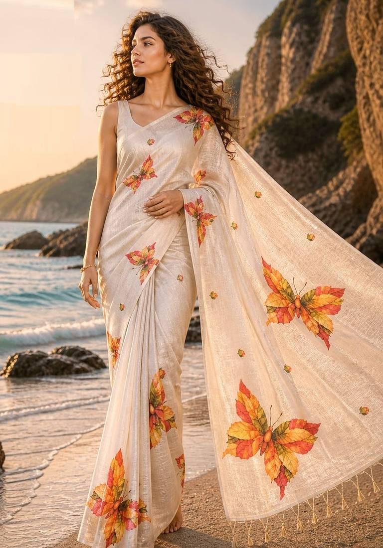 Cream linen printed linen saree