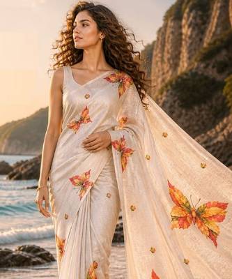 Cream linen printed linen saree 2