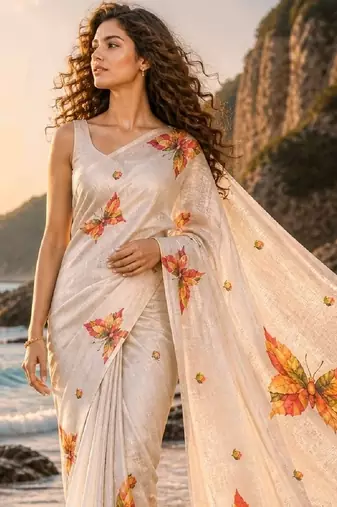 Cream linen printed linen saree