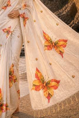 Cream linen printed linen saree 3