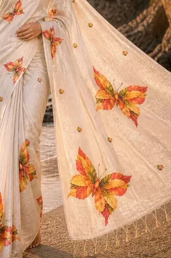 Cream linen printed linen saree