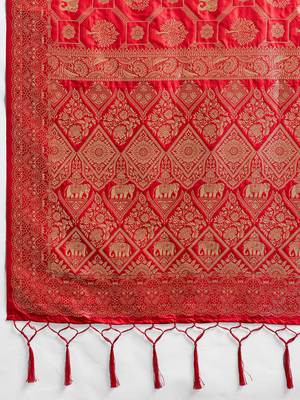 Red colour silk blend saree with silver zari weaving border 4