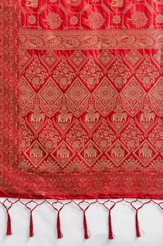 Red colour silk blend saree with silver zari weaving border