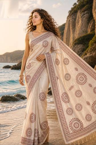 Cream mauve linen printed linen saree