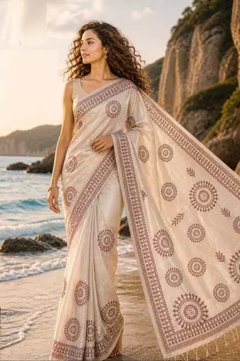 Cream mauve linen printed linen saree