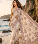 Cream mauve linen printed linen saree