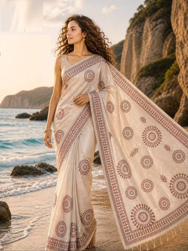 Cream mauve linen printed linen saree