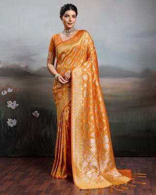 Orange colour silk blend saree with silver zari weaving border 1
