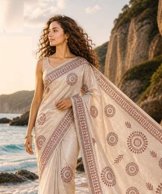 Cream mauve linen printed linen saree 2