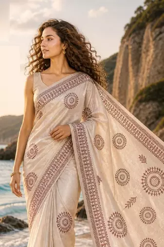 Cream mauve linen printed linen saree