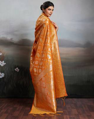Orange colour silk blend saree with silver zari weaving border 2
