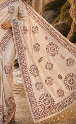 Cream mauve linen printed linen saree 3