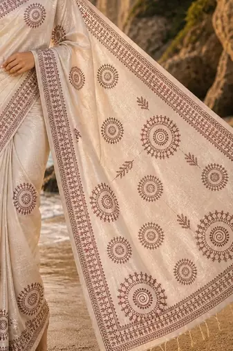 Cream mauve linen printed linen saree