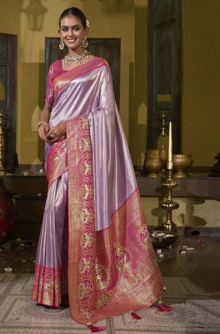Lavender magenta silk blend embroidered traditional Saree with blouse 