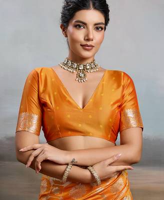 Orange colour silk blend saree with silver zari weaving border 3