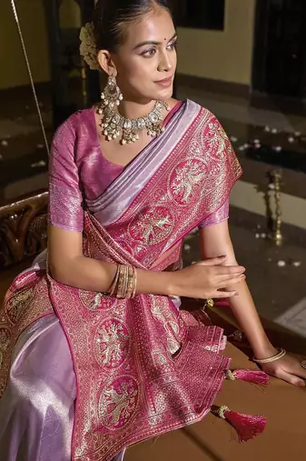 Lavender magenta silk blend embroidered traditional Saree with blouse 