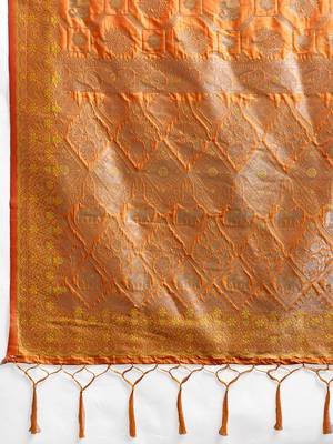 Orange colour silk blend saree with silver zari weaving border 4