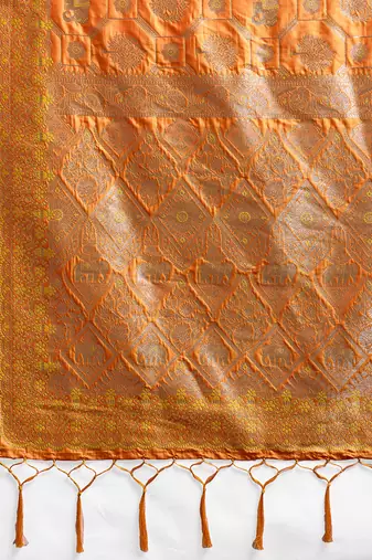 Orange colour silk blend saree with silver zari weaving border