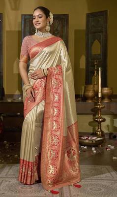 Cream red silk blend embroidered traditional Saree with blouse  1