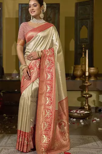 Cream red silk blend embroidered traditional Saree with blouse 