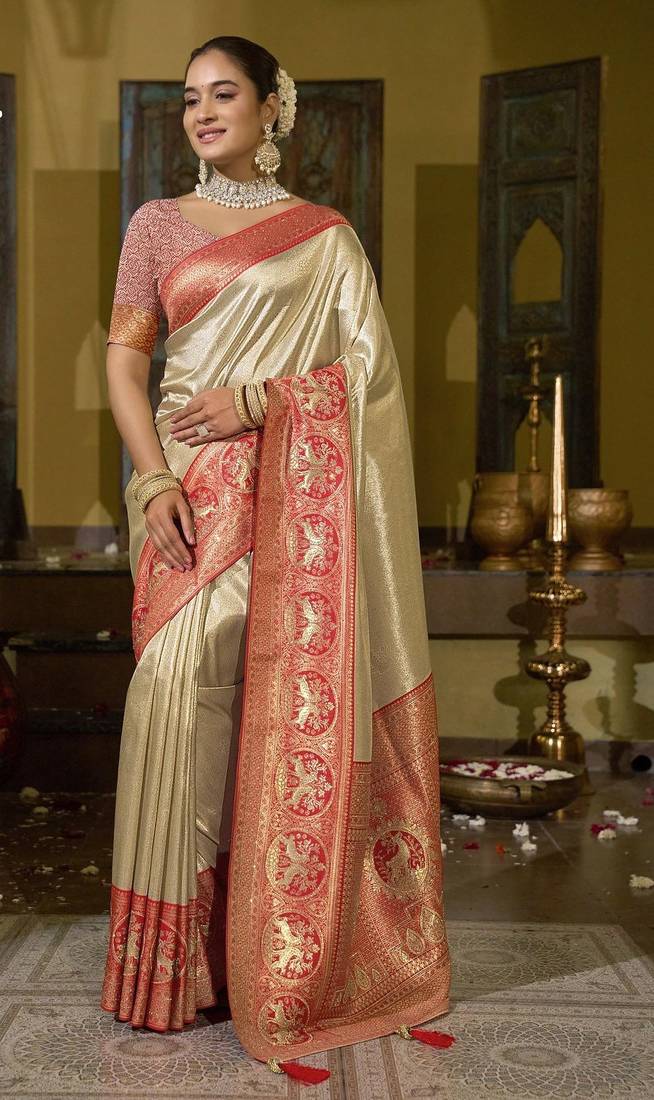 Cream red silk blend embroidered traditional Saree with blouse 