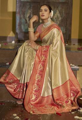 Cream red silk blend embroidered traditional Saree with blouse  2
