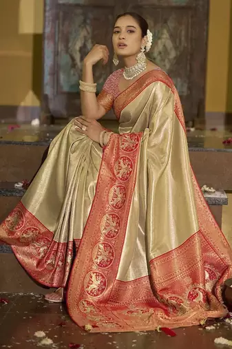 Cream red silk blend embroidered traditional Saree with blouse 