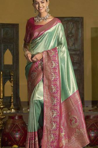 Pista green magenta silk blend embroidered traditional Saree with blouse 