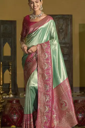 Pista green magenta silk blend embroidered traditional Saree with blouse 