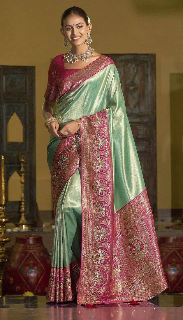 Pista green magenta silk blend embroidered traditional Saree with blouse 
