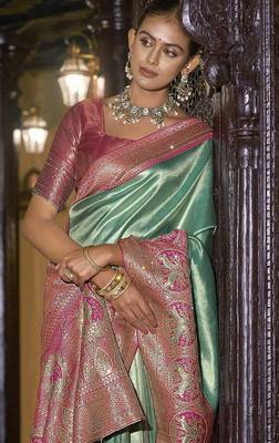 Pista green magenta silk blend embroidered traditional Saree with blouse  2