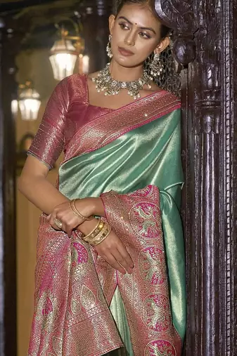Pista green magenta silk blend embroidered traditional Saree with blouse 