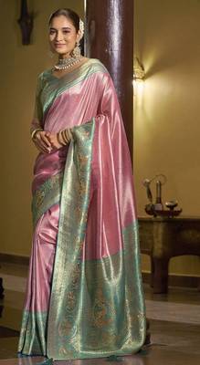 Pink green silk blend embroidered traditional Saree with blouse  1