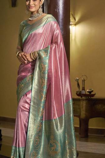 Pink green silk blend embroidered traditional Saree with blouse 