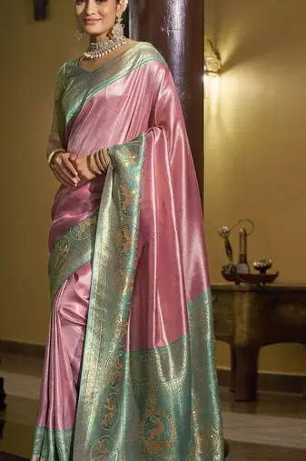 Pink green silk blend embroidered traditional Saree with blouse 