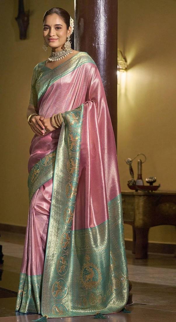 Pink green silk blend embroidered traditional Saree with blouse 